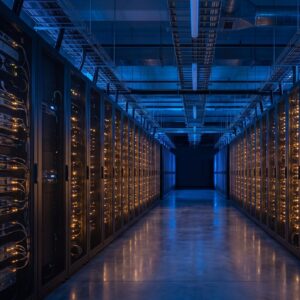 Enterprise data center corridor lined with server racks