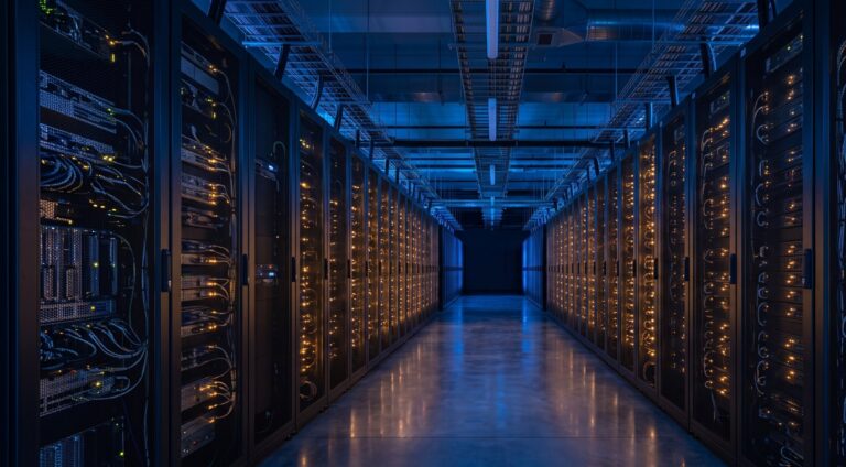 Enterprise data center corridor lined with server racks