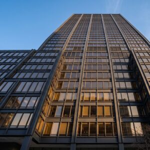 Modern glass and steel office tower facade at golden hour