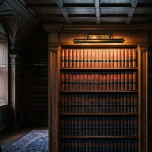 Private law library of bound legal volumes under warm light