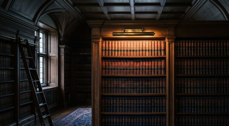 Private law library of bound legal volumes under warm light