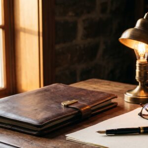 Attorney's desk with leather portfolio, fountain pen and brass lamp