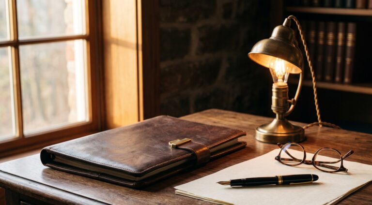 Attorney's desk with leather portfolio, fountain pen and brass lamp
